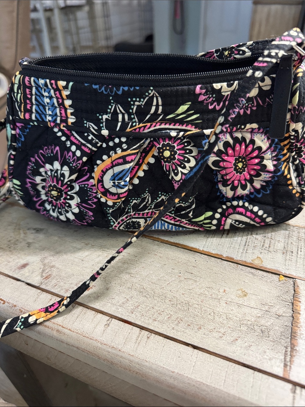 Vera Bradley Black Quilted Crossbody with Pink & Blue Floral Print